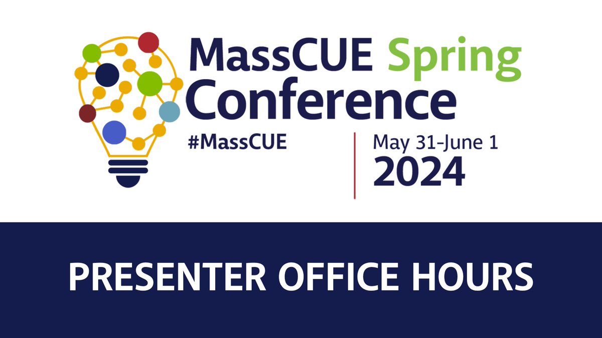 If you're presenting at the #MassCUE Spring Conference and have questions about your session, we're here to help! Sign up for a 1-on-1 meeting with Professional Learning & Program Coordinator Jen Thomas. Meetings available beginning May 3. Sign up here: bit.ly/493P0sz