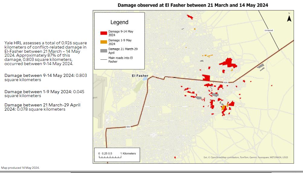NEW REPORT: Conflict-related damage in E + SE El-Fasher neighborhoods btw 10-14 May consistent w/ reports of escalating conflict. 87% (0.803 km2/0.926km2) of damage in El-Fasher, N. Darfur since 21 March occurred between 9-14 May. 🛰️© 2024 @planet @Maxar medicine.yale.edu/lab/khoshnood/…
