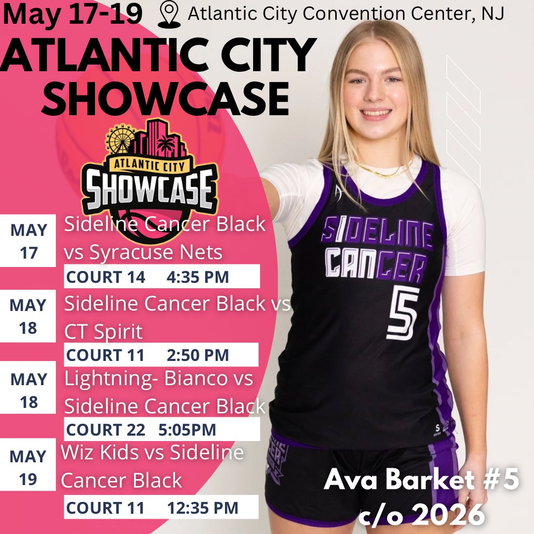 Ava Barket (@ava_jaynee) on Twitter photo Excited to play with my Sideline Cancer Black 2026 team this weekend in Atlantic City, NJ! Coaches here’s my schedule!! 💜🤍 <a href="/SelectEventsBB/">Select Events Basketball</a> <a href="/ICAN_basketball/">ICANBasketballAcademy</a> <a href="/sideline_cancer/">Sideline Cancer</a> <a href="/RiderWBB/">Rider Women’s Basketball</a> <a href="/CaldwellWBB/">Caldwell Women’s Basketball</a> <a href="/TommieWBBall/">St. Thomas Women's Basketball</a> <a href="/Coach_A_S/">Coach Smith</a> <a href="/QCKNIGHTS_WBB/">Queens College WBB</a> <a href="/CALU_wbb/">California (PA) WBB</a> <a href="/Manhattan_WBB/">Manhattan Women’s Basketball</a> <a href="/HurstWBB/">Mercyhurst Women's Basketball</a> <a href="/AICWBB/">AICWomens Basketball</a> Excited to play with my Sideline Cancer Black 2026 team this weekend in Atlantic City, NJ! Coaches here’s my schedule!! 💜🤍 <a href="/SelectEventsBB/">Select Events Basketball</a> <a href="/ICAN_basketball/">ICANBasketballAcademy</a> <a href="/sideline_cancer/">Sideline Cancer</a> <a href="/RiderWBB/">Rider Women’s Basketball</a> <a href="/CaldwellWBB/">Caldwell Women’s Basketball</a> <a href="/TommieWBBall/">St. Thomas Women's Basketball</a> <a href="/Coach_A_S/">Coach Smith</a> <a href="/QCKNIGHTS_WBB/">Queens College WBB</a> <a href="/CALU_wbb/">California (PA) WBB</a> <a href="/Manhattan_WBB/">Manhattan Women’s Basketball</a> <a href="/HurstWBB/">Mercyhurst Women's Basketball</a> <a href="/AICWBB/">AICWomens Basketball</a>
