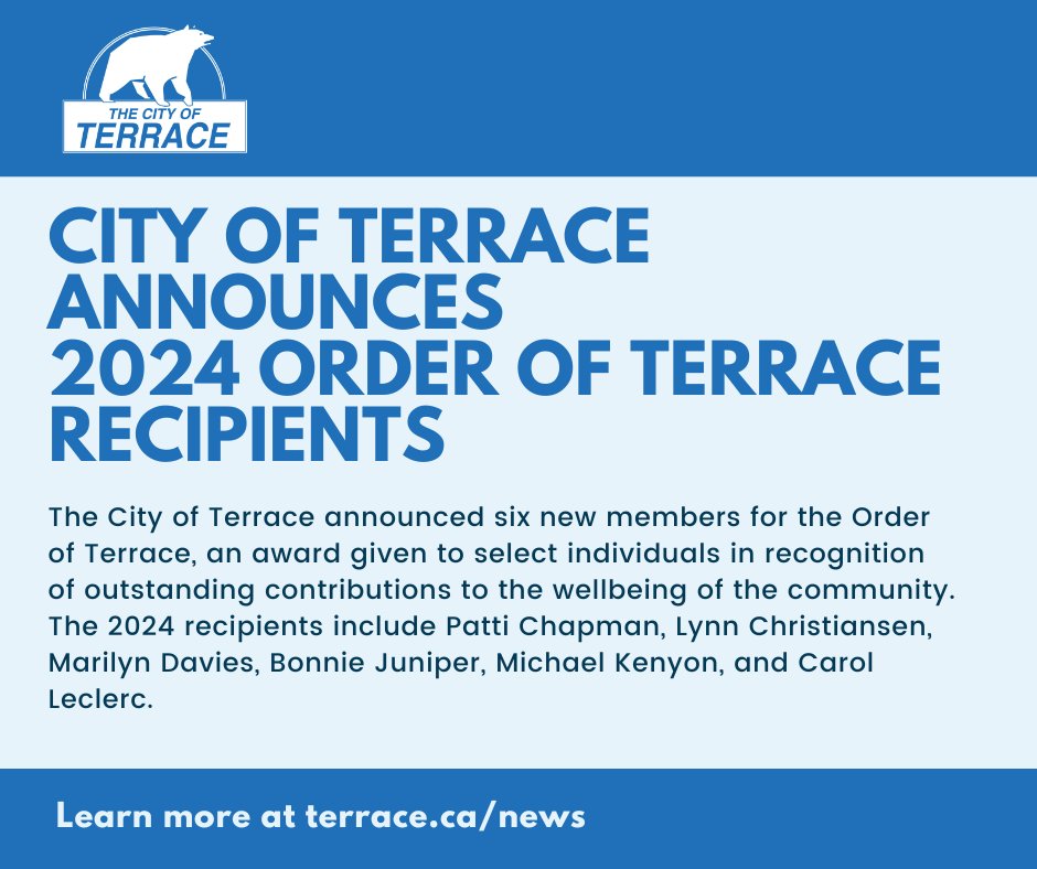 The City of Terrace announced six new members for the Order of Terrace, recognizing significant achievement + service to the community.

Congrats to Patti Chapman, Lynn Christiansen, Marilyn Davies, Bonnie Juniper, Michael Kenyon, and Carol Leclerc!

Info: terrace.ca/discover-terra…