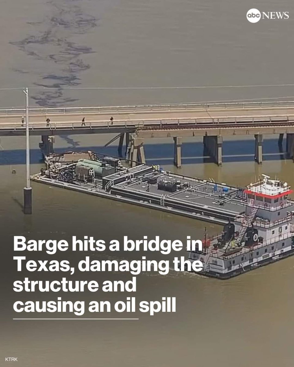 A barge slammed into a bridge pillar in #GalvestonTexas, on Wednesday, spilling oil into surrounding waters and closing the only road to a smaller and separate island that is home to a university, officials said. There were no immediate reports of injuries abcnews.visitlink.me/wSiXpn