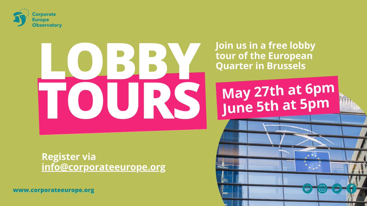 Corporate Europe Observatory (CEO) (@corporateeurope) on Twitter photo 🗺️ Join us in a free lobby tour where we spill the tea of the European Quarter in Brussels!
☂️Ahead of the EU elections, we will do two public lobby tours where we will present some of the most scandalous cases of corporate capture.
👉 Register via: info@corporateeurope.org 🗺️ Join us in a free lobby tour where we spill the tea of the European Quarter in Brussels!
☂️Ahead of the EU elections, we will do two public lobby tours where we will present some of the most scandalous cases of corporate capture.
👉 Register via: info@corporateeurope.org