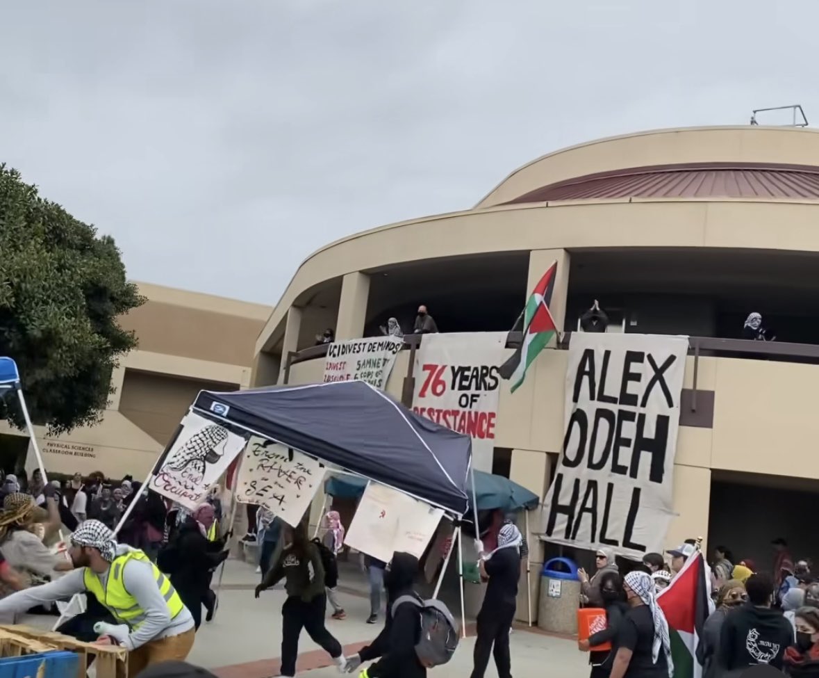 UCIntifada encampment has expanded and the physical science hall has been taken over; it is now the Alex Odeh Hall. Heavy police repression. We Need bodies. Escalate for Gaza!! Globalize the intifada!