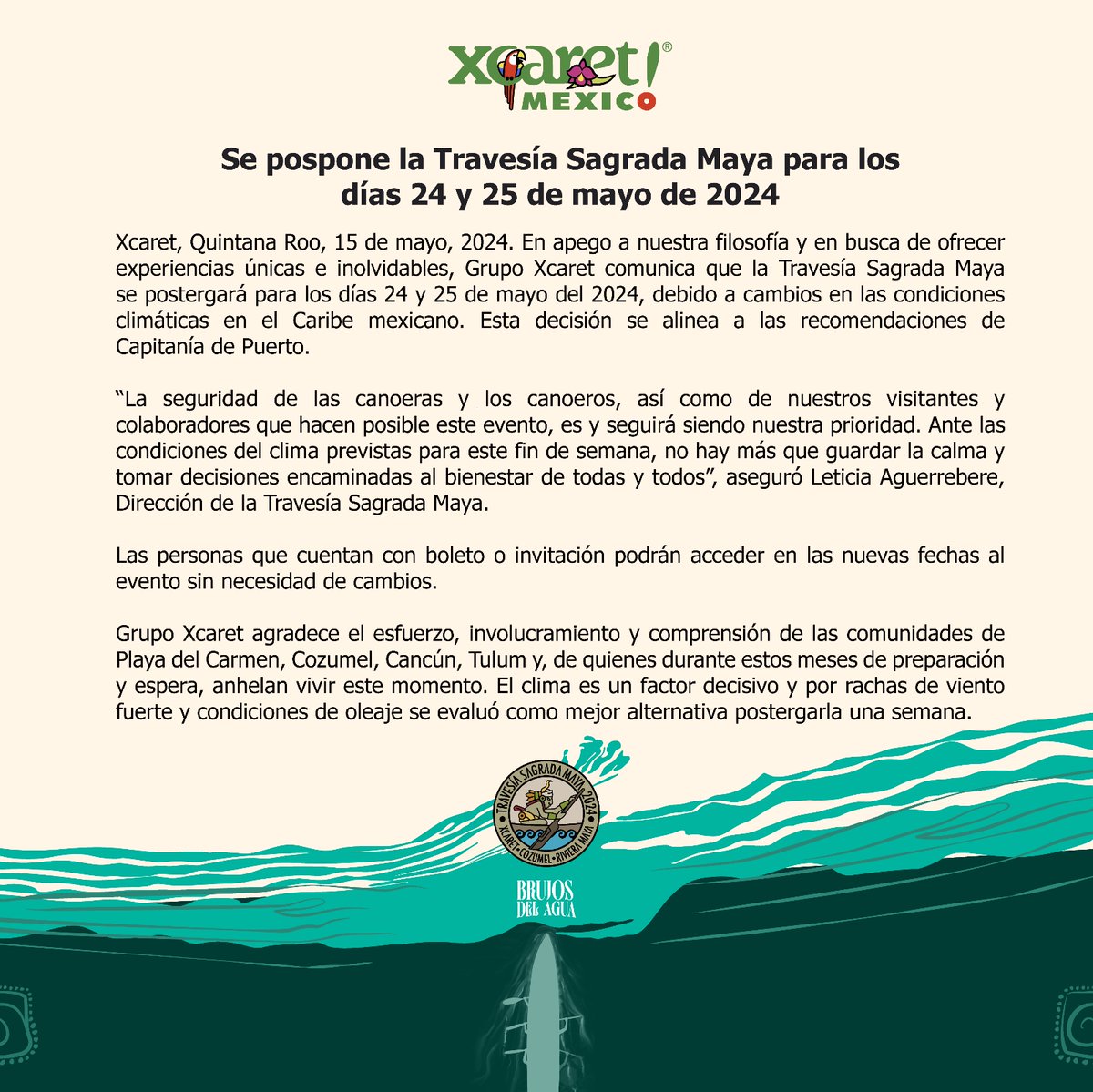 🚨 ¡Hola comunidad! 🚨 Debido a condiciones climatológicas, nos vemos en la necesidad de cambiar la fecha de la #TravesíaSagrada Maya 2024 para el próximo fin de semana: 📅 Nueva Fecha: 24 y 25 de mayo