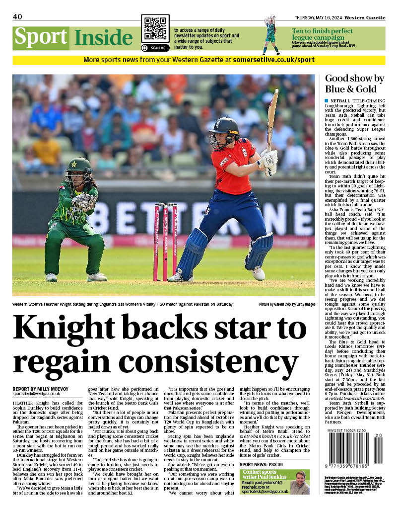 #Sport in this week's Western Gazette: @YTFC announce friendlies as @YTWomenFC complete perfect league season; Unbeaten century sees @_WesternStorm lose as Knight backs Dunkley to regain form; @TeamBathNetball perform well against leaders; Latest from @pointingwessex1 1/3