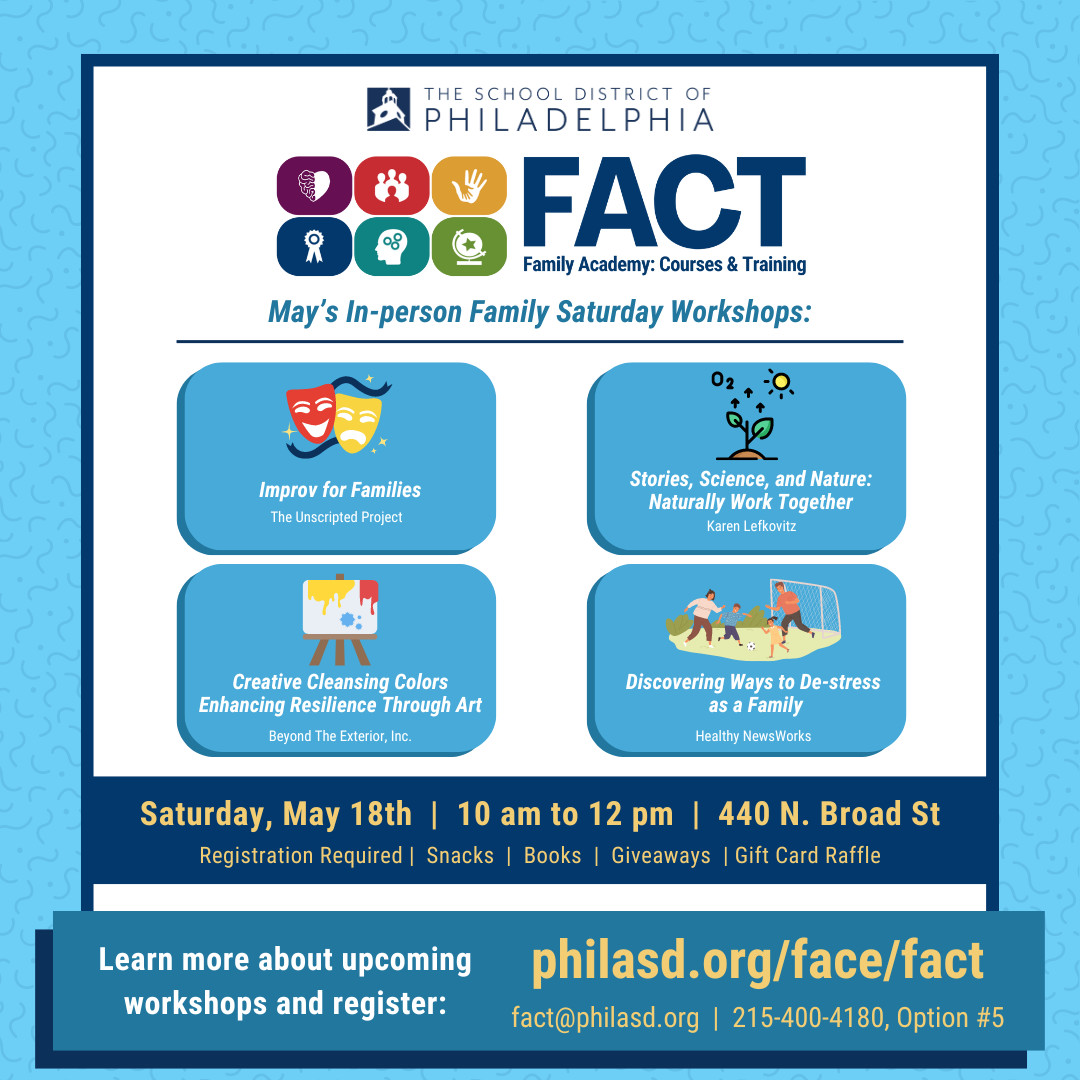 Join FACT's Family Saturday event at 440 N. Broad St on May 18th, 10AM! Explore improv, family stress relief, nature's wonders for kids, and creativity's healing power. RSVP at philasd.org/face/fact for free parking, breakfast, SEPTA fare, books, and raffles!