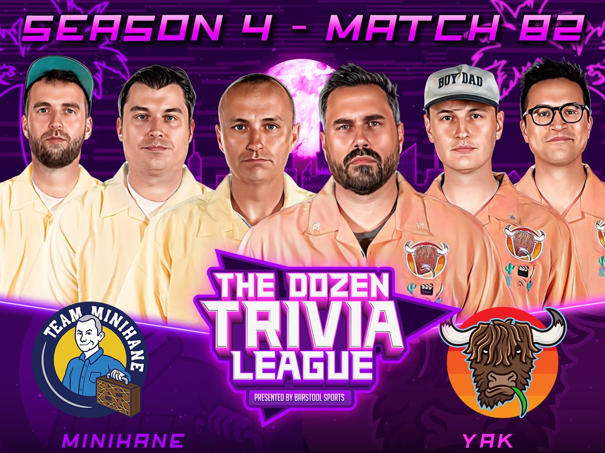 ⚠️ PREMIERING NOW ⚠️ The YAK (@BarstoolBigCat @rone @StevenCheah) looks to avoid a potential major upset as they take on a struggling team MINIHANE (@kirkmin @Return_Of_RB @hen_ease) at 7|6c… Predictions? 📺: barstool.link/the-dozen-triv…