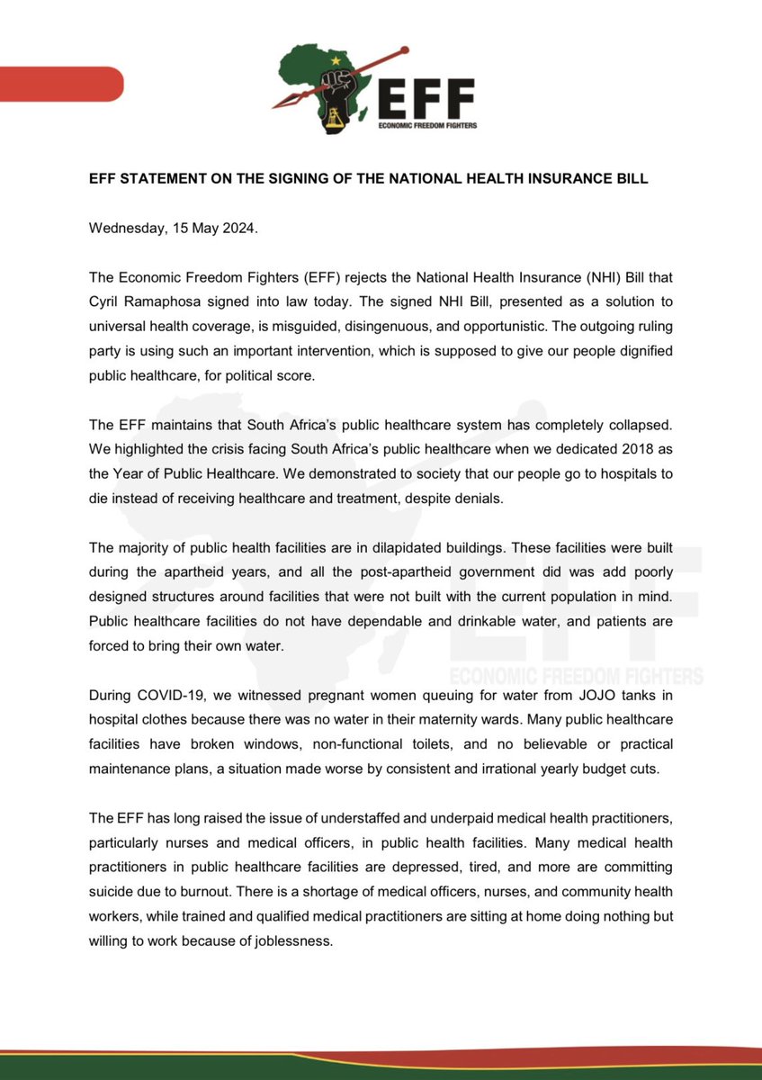 EFFSouthAfrica's tweet image. EFF Statement On The Signing Of The National Health Insurance Bill