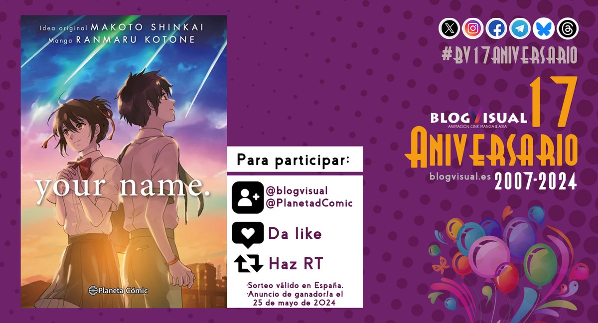 blogvisual's tweet photo. 🎊 SORTEO #BV17Aniversario

🎁 ¿Quieres conseguir la Edición Integral de "your name." (君の名は.) de Ranmaru Kotone y Makoto Shinkai?

👉 Sigue @blogvisual y @PlanetadComic
👉 Da like y RT a esta publicación
👉 Anuncio ganador/a el 25/5
➕ Sorteamos otra Ed. Integral en Instagram https://t.co/tvHcuVU6GJ