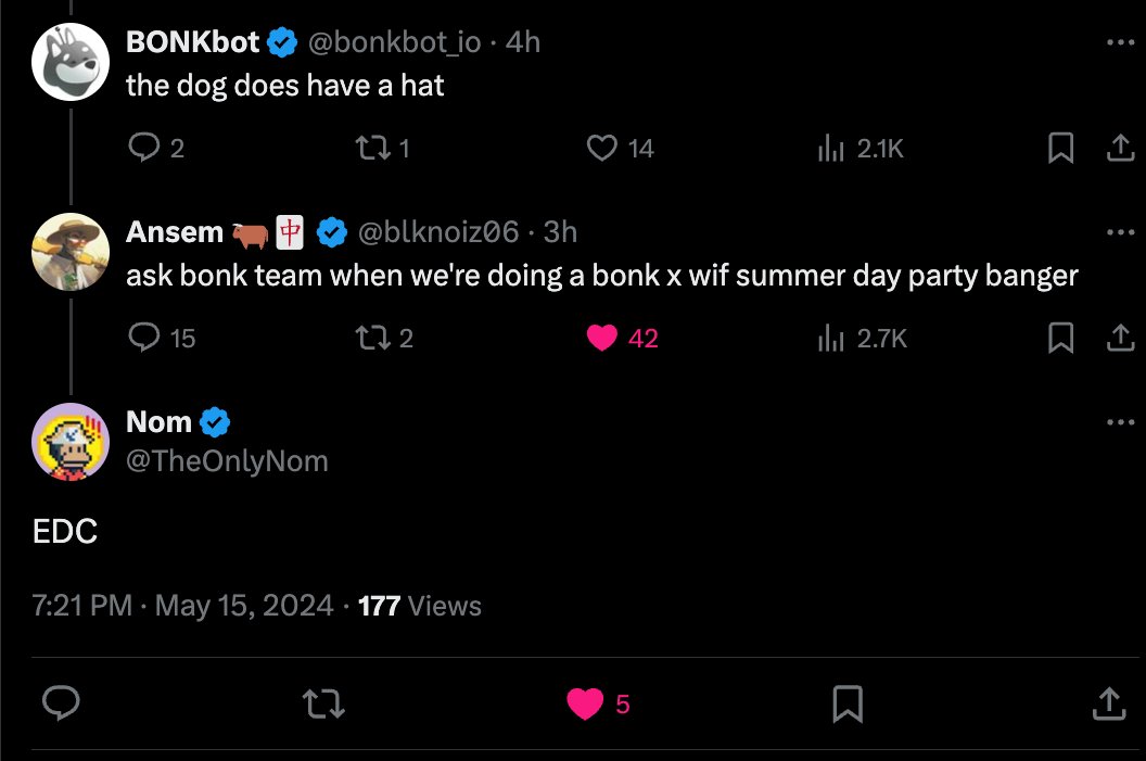 BREAKING: Bonkbot intern brings @bonk_inu and @dogwifcoin together Plans in motion for a $BONK x $WIF day party at EDC?