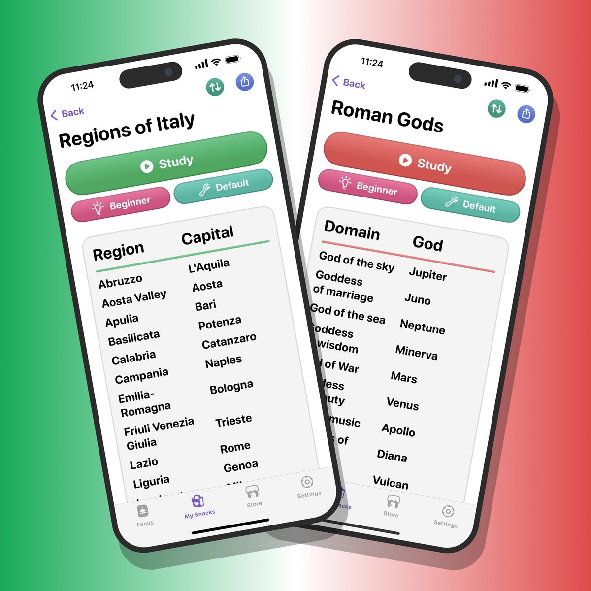 StudySnacksApp's tweet image. Thursday means new content in the store!

I was in Italy recently and brought back these two lists:
- Roman Gods ⚡
- Regions of Italy 🌍

Have fun with Study Snacks - Available for free on the App Store:
apps.apple.com/at/app/study-s…

#studysnacks #indiedev