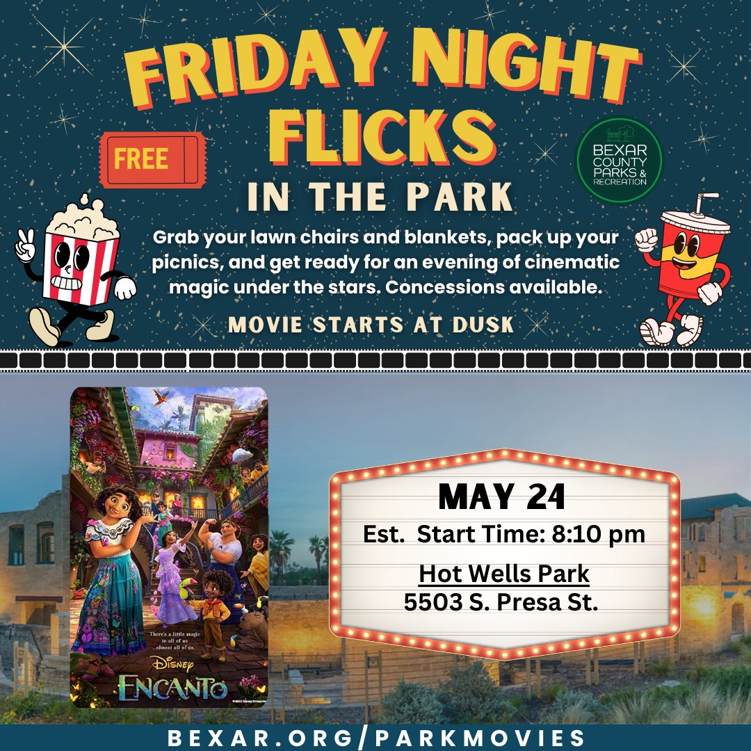 You don't want to miss our first Friday Night Flicks in the Park! Join us as we screen the enchanting Disney movie Encanto at the beautiful and historic Hot Wells Park. Don't forget to add this event to your calendar - you won't want to miss out on the fun!

#BexarCounty