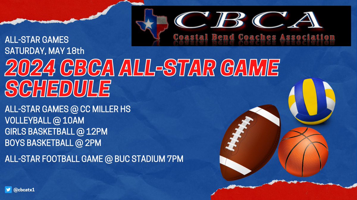 CBCA ALL-STAR GAME SCHEDULE. All games at Miller HS. Football Game at Buc Stadium. Come out and watch some of the Coastal Bends BEST suit up one last time to represent their high school programs @ChrisThomasson7 @LarissaLiska @CallerSports