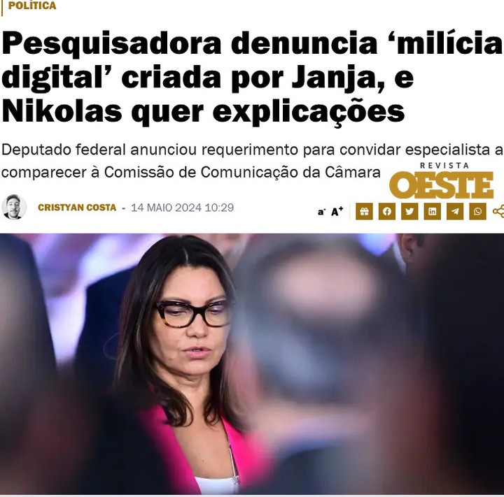 Alguém sabe quantas horas o ministro Alexandre de Moraes deu para a Janja se explicar sobre a 'milícia digital'?