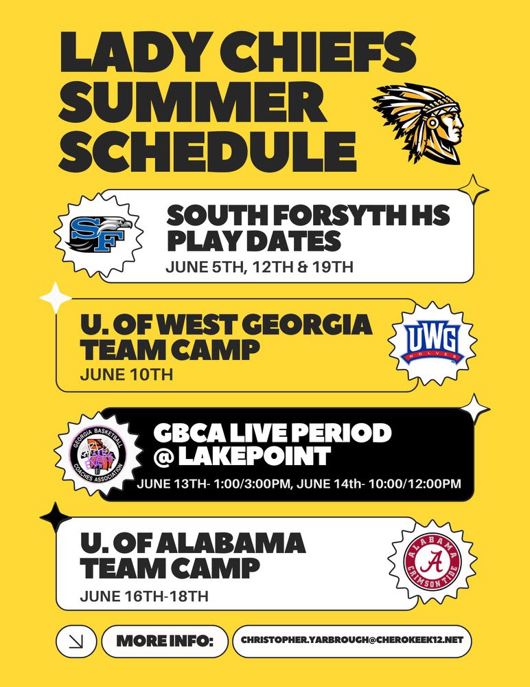 Excited for a good month of basketball! Official summer schedule ⬇️
<a href="/SHSLadyHoops/">Sequoyah Lady Chiefs</a> 
<a href="/CoachYarbrough/">Chris Yarbrough</a>