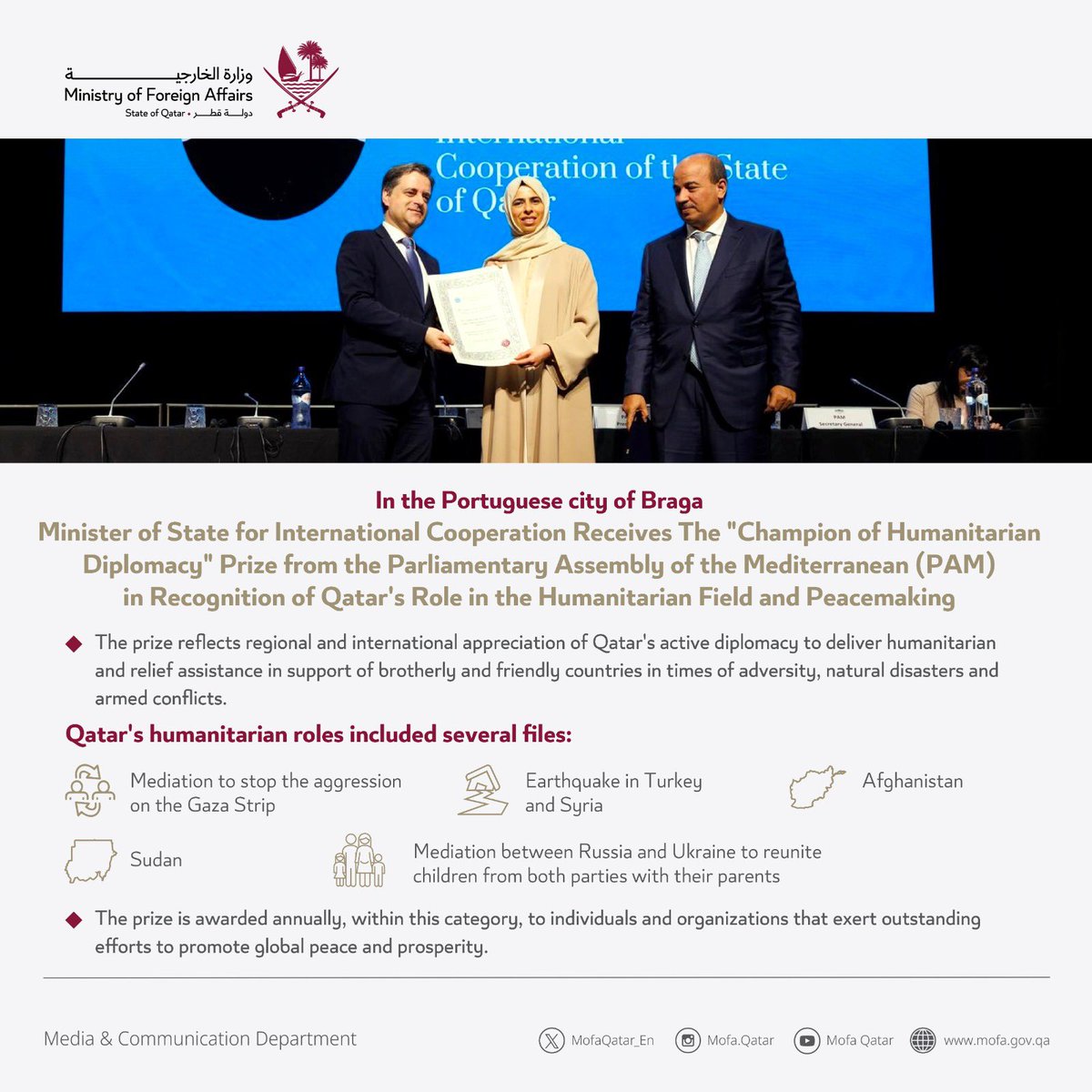 In the Portuguese city of Braga Minister of State for International Cooperation @Lolwah_Alkhater Receives The 'Champion of Humanitarian Diplomacy' Prize from the Parliamentary Assembly of the Mediterranean (PAM) in Recognition of Qatar's Role in the Humanitarian Field and