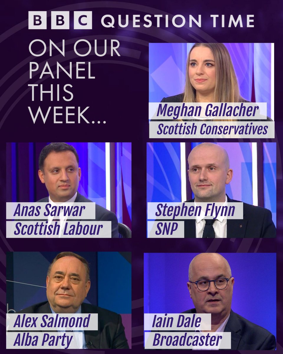On Question Time tomorrow, Fiona will be joined by Meghan Gallacher, Anas Sarwar, Stephen Flynn, Alex Salmond and Iain Dale Join us and an audience from Aberdeen on @BBCiPlayer from 8pm or on @BBCOne after the 10 o'clock news #bbcqt