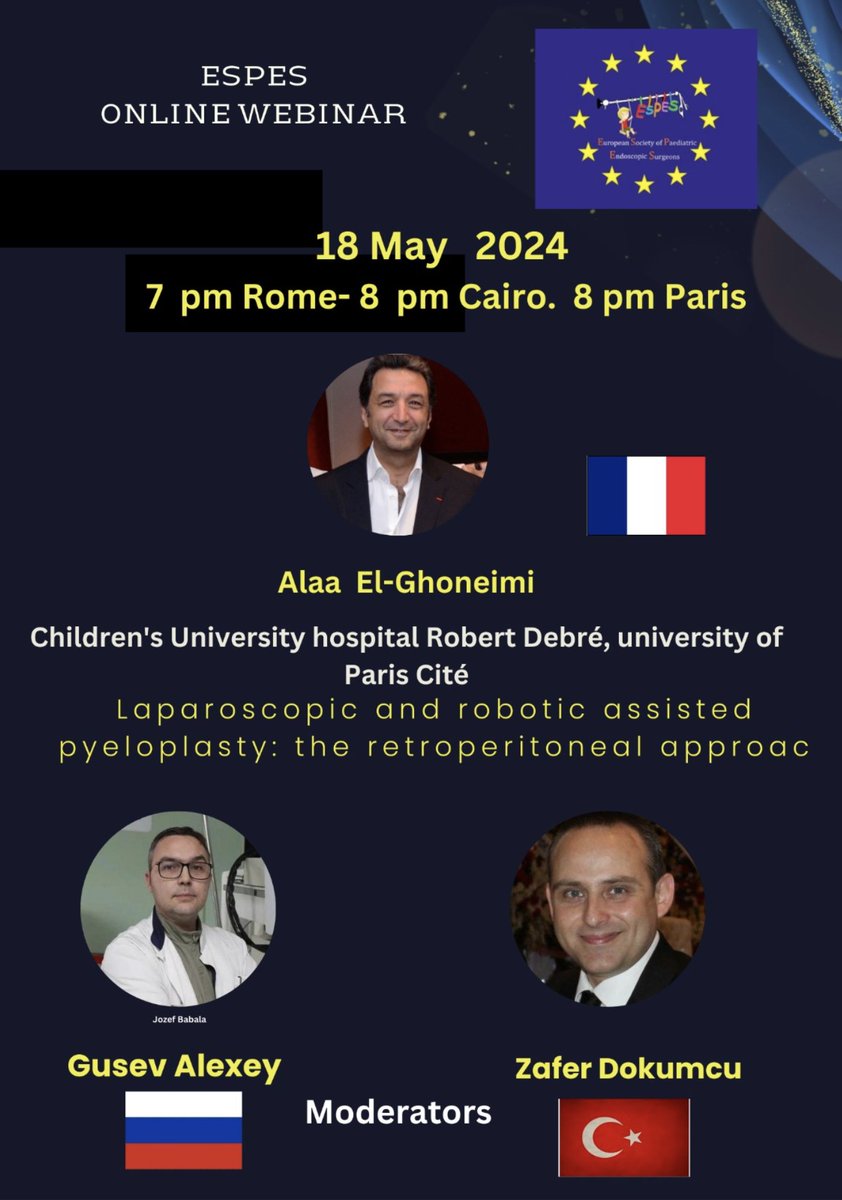 SFUPA1's tweet photo. #savethedate 18/5 8pm CET #ESPES online #webinar
#laparoscopic and #robotic assisted #pyeloplasty by a #retroperitoneal approach - Lecture by Pr. El Ghoneimi @APHP @univpariscite
Zoom link available on https://t.co/7IL3K4zOXK
#education #MIS #bettercare https://t.co/cyEDLxlU2D