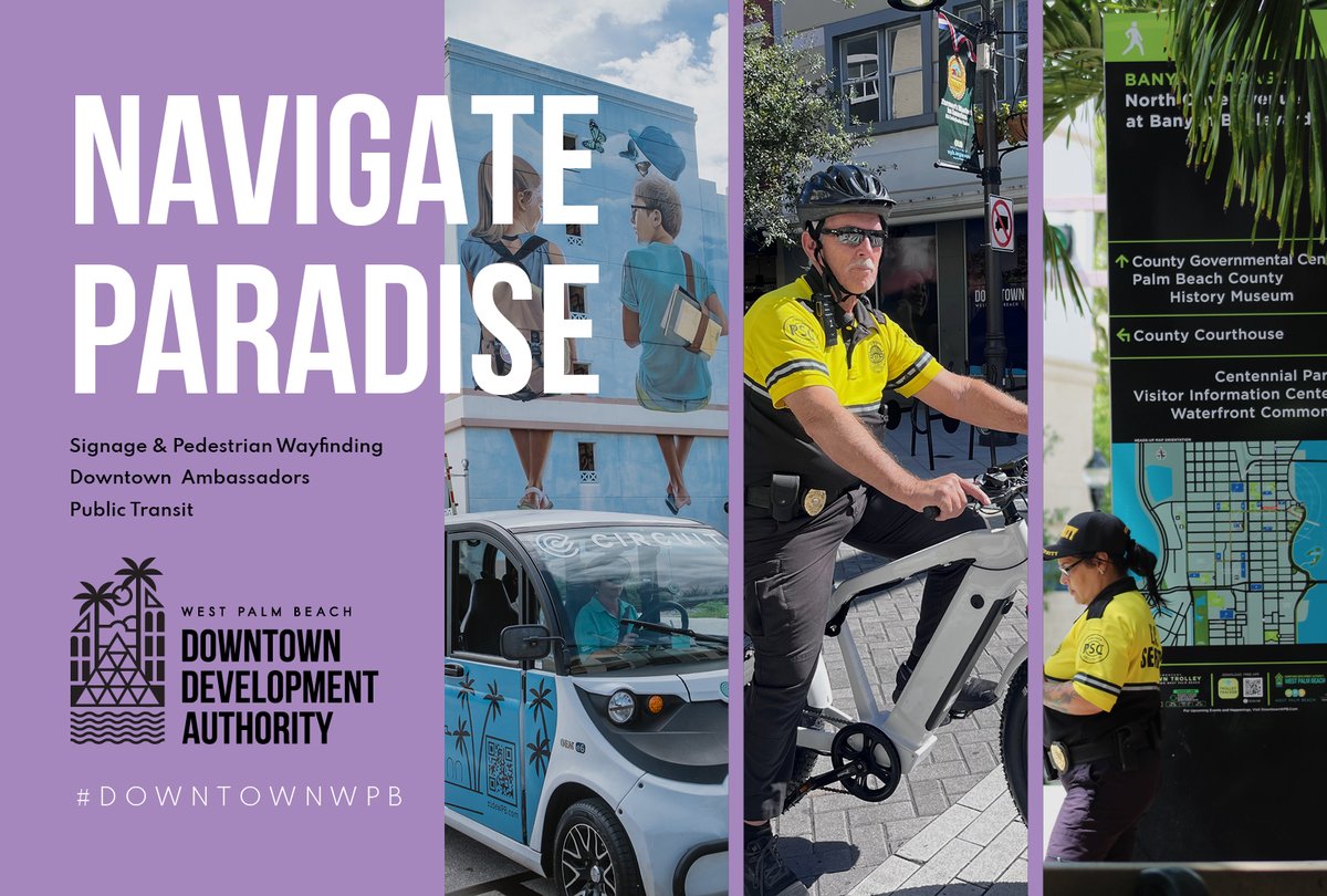 𝗡𝗮𝘃𝗶𝗴𝗮𝘁𝗲 𝗣𝗮𝗿𝗮𝗱𝗶𝘀𝗲 🚶 While in the Center of Paradise, we want you to explore at ease. Our Signage and Pedestrian Wayfinding, Downtown Ambassadors, and Public Transit services make getting around @DowntownWPB a breeze! Visit DowntownWPB.com to learn more.