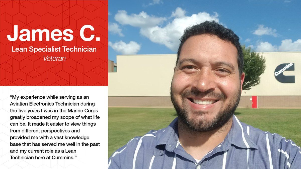 We're celebrating #MiltaryAppreciationMonth by honoring our veterans at Cummins! 

James, our Lean Specialist Technician, shares how the skills he gained in the Marine Corps prepared him for his current role. #LifeAtCummins #Veterans