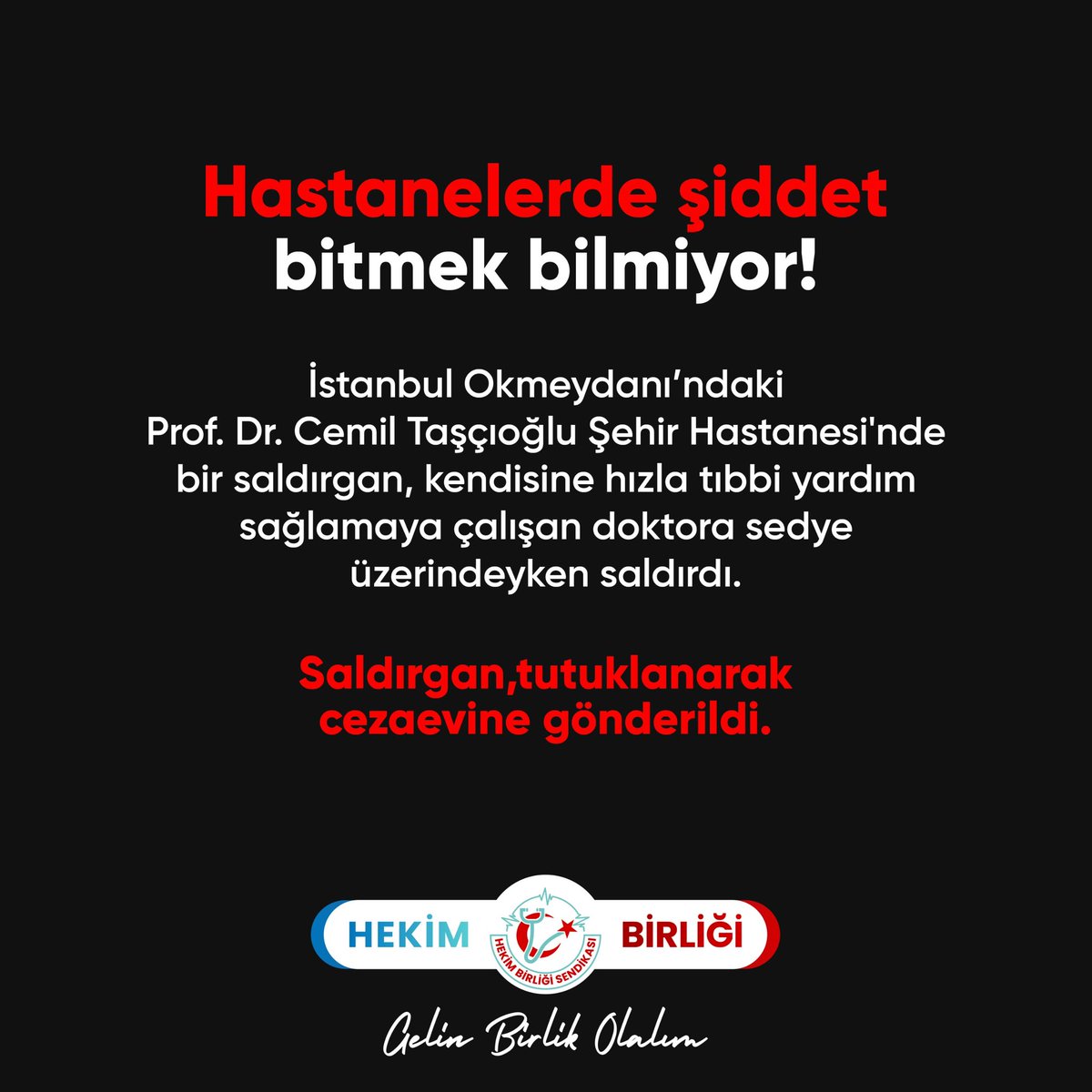 Hastanelerde şiddet bitmek bilmiyor!

İstanbul Okmeydanı’ndaki Prof. Dr. Cemil Taşçıoğlu Şehir Hastanesi'nde bir saldırgan, kendisine hızla tıbbi yardım sağlamaya çalışan doktora sedye üzerindeyken saldırdı.

Saldırgan, tutuklanarak cezaevine gönderildi.

Şifa veren ele vurulmaz.
