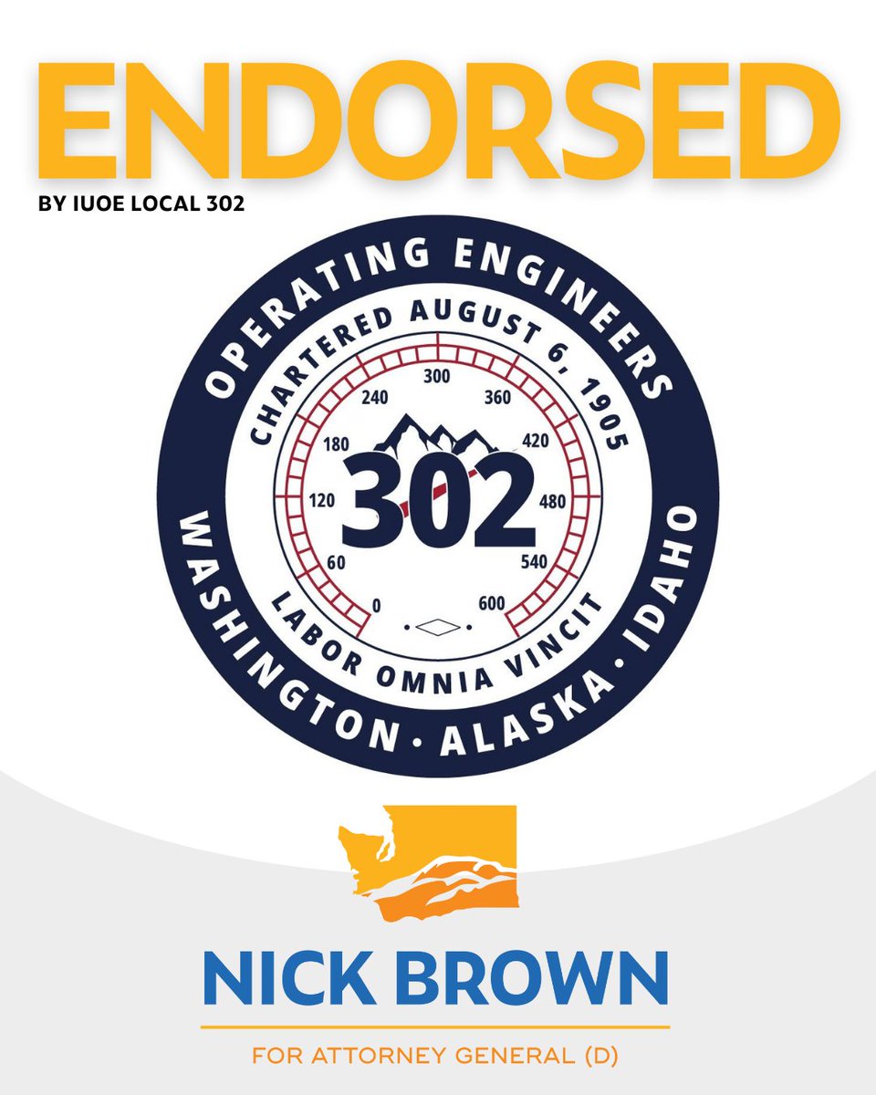 I'm honored to announce that IUOE Local 302 has endorsed our campaign for Washington State Attorney General! 
#NickBrownForAG #UnionStrong