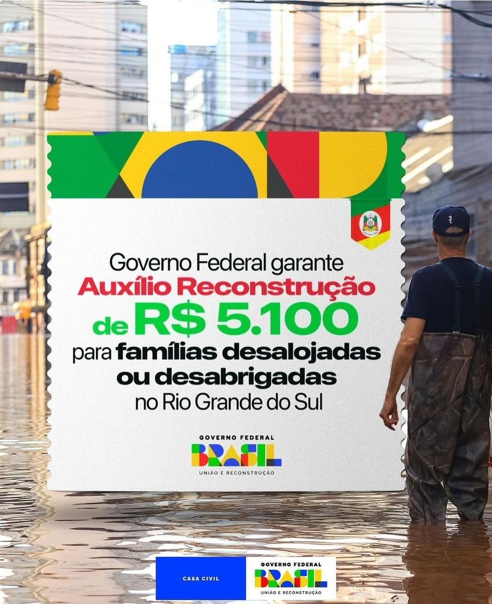 O governo @LulaOficial anunciou hoje o Auxílio Reconstrução para famílias desabrigadas ou desalojadas pela catástrofe climática no #RioGrandeDoSul. Cerca de 240 mil famílias devem ser beneficiadas pela medida, em parcela única de R$ 5,1 mil, e o impacto potencial da medida é