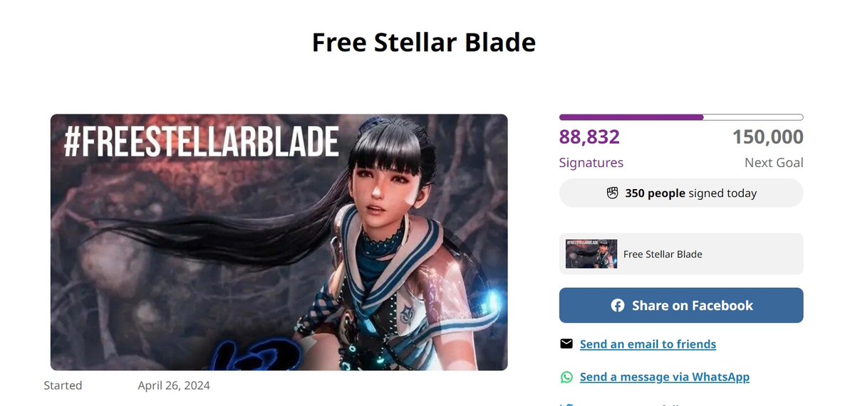 Fam, we are super close to 89,000 signatures for #FreeStellarBlade! Sign today! Update on the plan tomorrow!

change.org/p/free-stellar…
