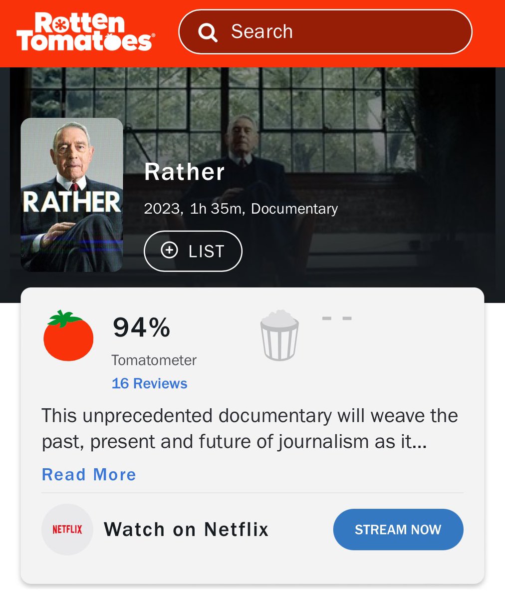 This just in: RATHER has an impressive 94% fresh rating on @RottenTomatoes Have you watch on @netflix yet?