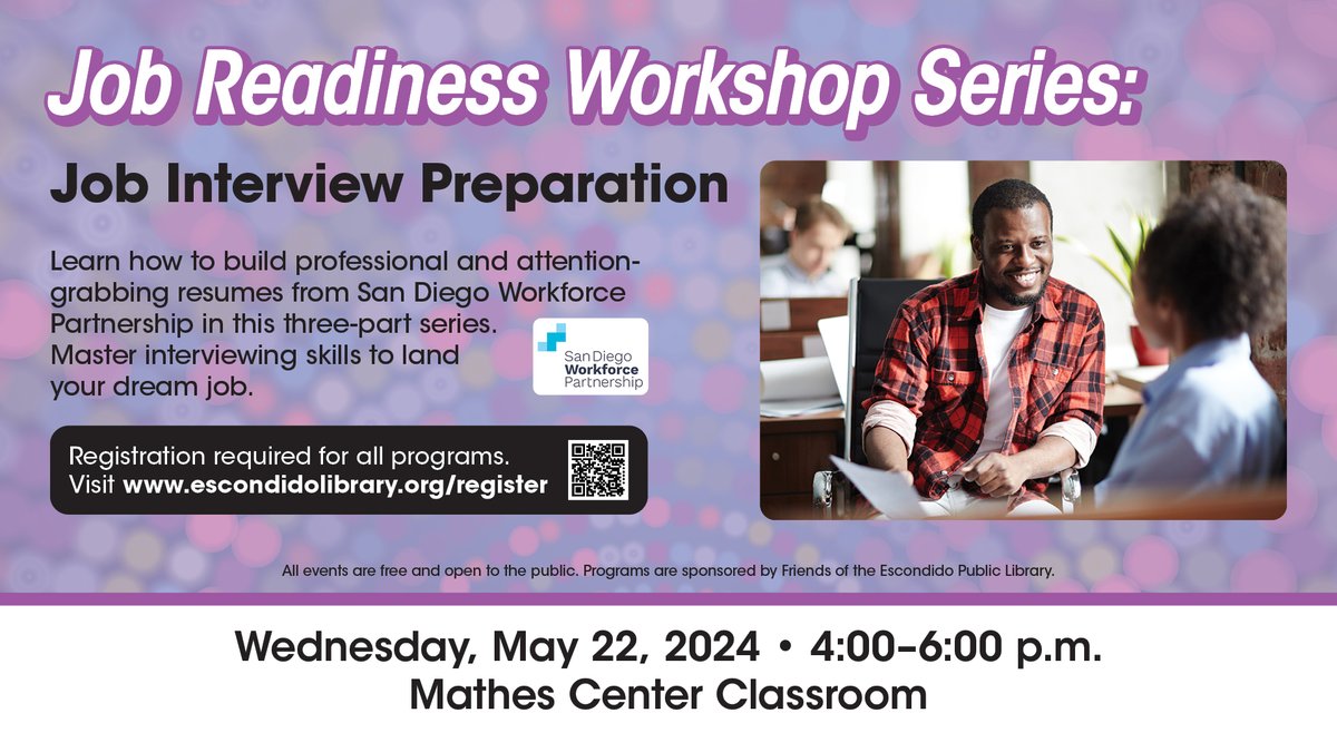 escolibrary's tweet image. Master interviewing skills to land your dream job in this next Job Readiness Workshop, presented by @sdworkforce. 
Register free here: escondido.libcal.com/event/12098988

#jobreadiness #interviewhelp #gettingajob #jobinterviewhelp #dreamjob #escondidoca #northcountysandiego