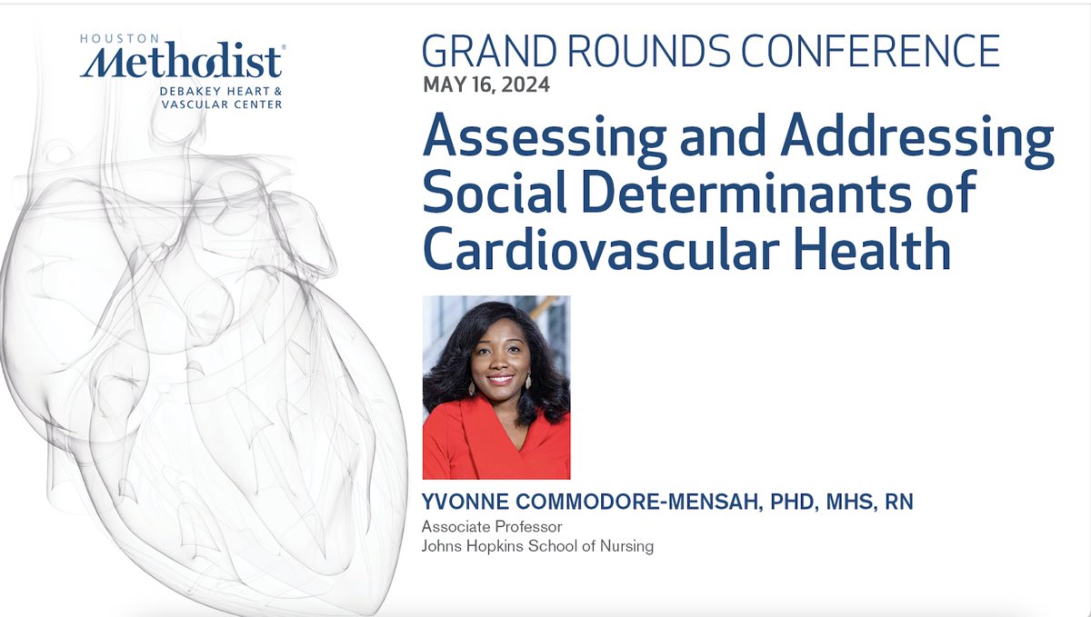 Thrilled to introduce our @HMethodistCV GR speaker @ycommodore, leadCV epidemiologist @JHUNursing specializing_>health disparities/HTN research, leading LINKED-BP & LINKED-HEARTS programs Learn more on Impact #SDOH on #CVD Join us live 8 am CST 5/16/24 livestream.com/hmh-edu/events…