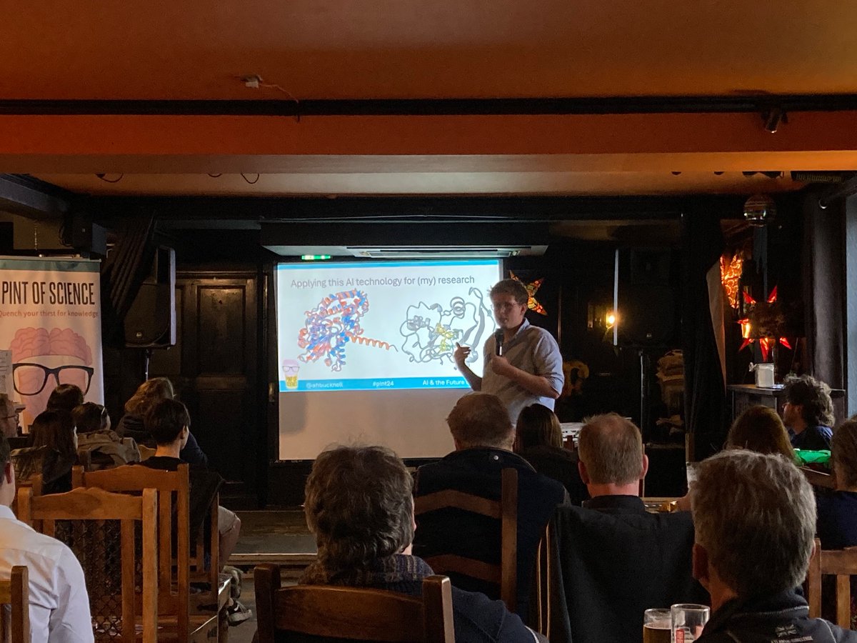 First up @ahbucknell talking about using AI to predict protein shapes and therefore function 🧬 @TheSainsburyLab @pintofscience #pint24