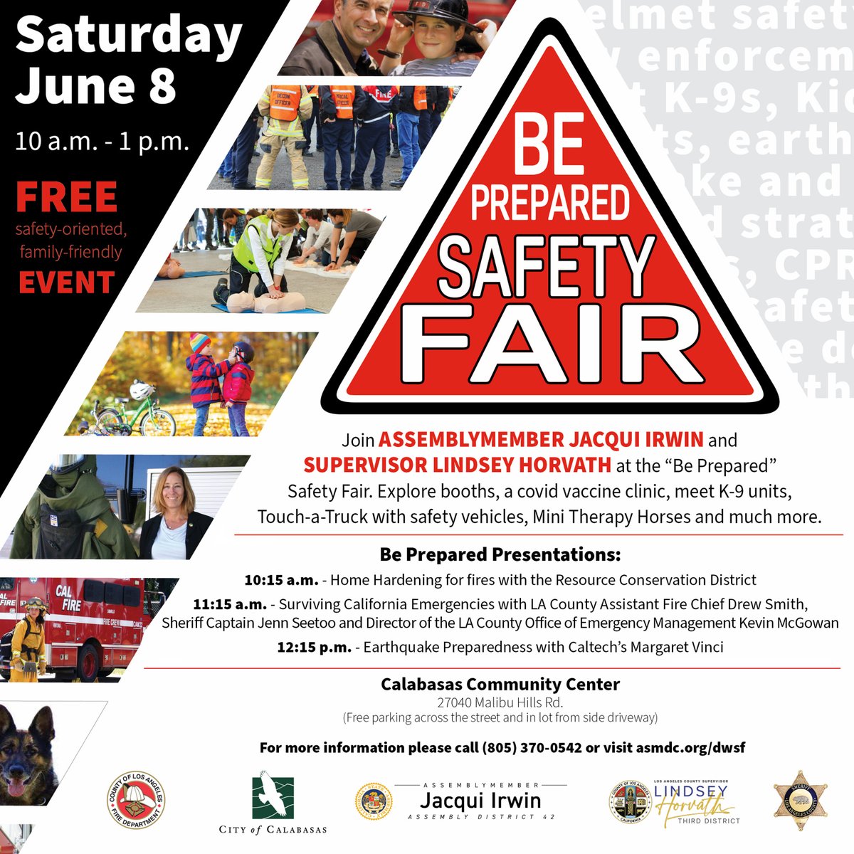 Everything from surviving earthquakes to making your home fire-safe. Come to the Be Prepared Safety Fair Saturday, June 8th at 10:00am at the Calabasas Community Center. Experts will be there to answer all your questions.