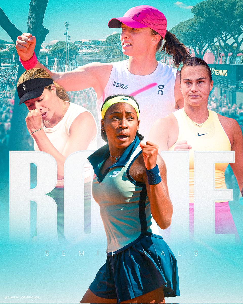 WTA 1000 Rome - Semi-finals:

Iga Świątek - Coco Gauff
Danielle Collins - Aryna Sabalenka

W półfinałach mamy cztery zawodniczki z TOP 5 rankingu WTA Race.

📸 @patrycjagr_ | #IBI24 | #czasnatenis