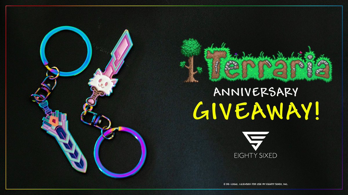 EightySixed's tweet image. Tomorrow is Terraria&apos;s anniversary! To celebrate, we are giving away our Zenith and Meowmere keychains to one lucky winner! Follow us and @Terraria_Logic and re-post this to be entered for a chance to win! Winner will be selected Friday May 17th and notified via DM!