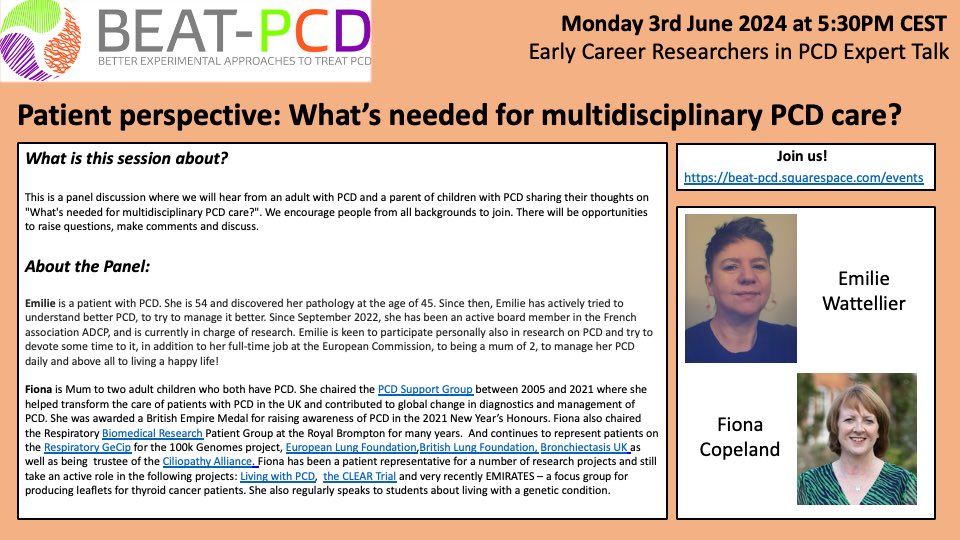 Patient perspective: What’s needed for multidisciplinary PCD care? 📣

We’ll be hearing from Emilie Wattellier (has PCD) and <a href="/pcdmum/">Fiona Copeland BEM</a> (mum to 2 with PCD)! 

Join us on Zoom, June 3rd at 17:30 PM CEST. 

Register here: beat-pcd.squarespace.com/events

<a href="/beatpcd/">BEAT-PCD (ERS CRC)</a> <a href="/YinTing_Lam/">Yin Ting Lam</a>