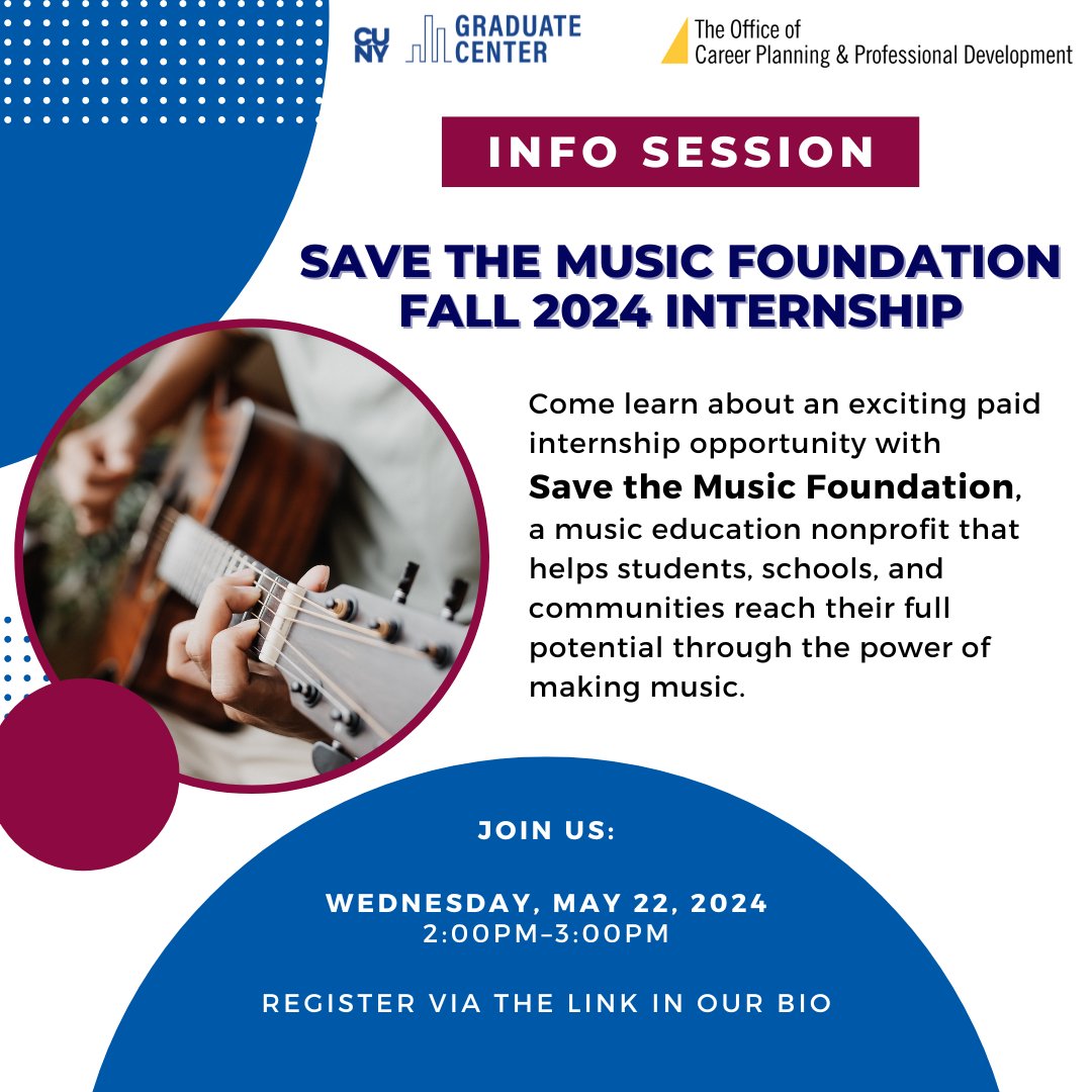 Join us Wednesday, May 22 at 2pm for an info session with Save the Music Foundation on their Fall 2024 internship opportunity. Register here: careerplan.commons.gc.cuny.edu/events/informa…