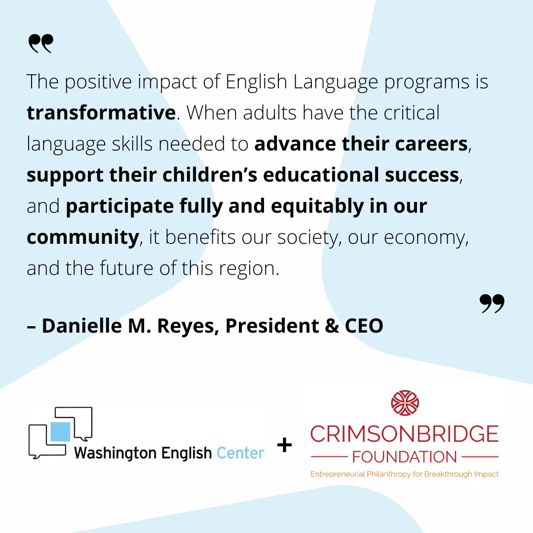 Washington English Center | WEC (@washenglish) on Twitter photo WEC is pleased to share that it has been awarded a multi-year capacity building grant from <a href="/CrimsonbridgeDC/">Crimsonbridge Foundation</a>. With the support of this grant over the next 2 years, 1,500+ adult immigrants and refugees will improve their English and truly participate in our region's #community. WEC is pleased to share that it has been awarded a multi-year capacity building grant from <a href="/CrimsonbridgeDC/">Crimsonbridge Foundation</a>. With the support of this grant over the next 2 years, 1,500+ adult immigrants and refugees will improve their English and truly participate in our region's #community.