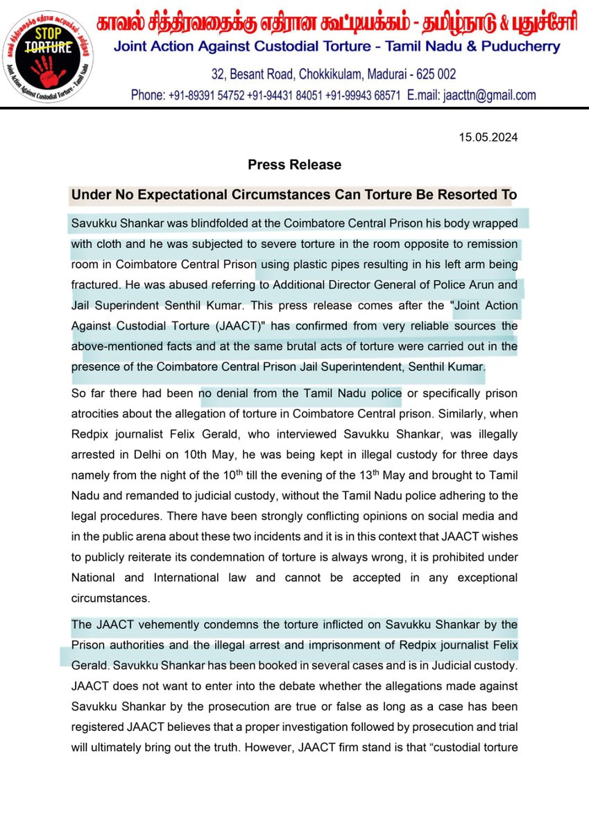 meenakandasamy's tweet image. English statement released by  @jaacttn on the custodial torture of #SavukkuShankar in Coimbatore prison and the wrongful remand of Red Pix #FelixGerald. It&apos;s very important to remember that no police force has &quot;freedom to commit torture&quot;, nor does any citizen &quot;deserve&quot; torture