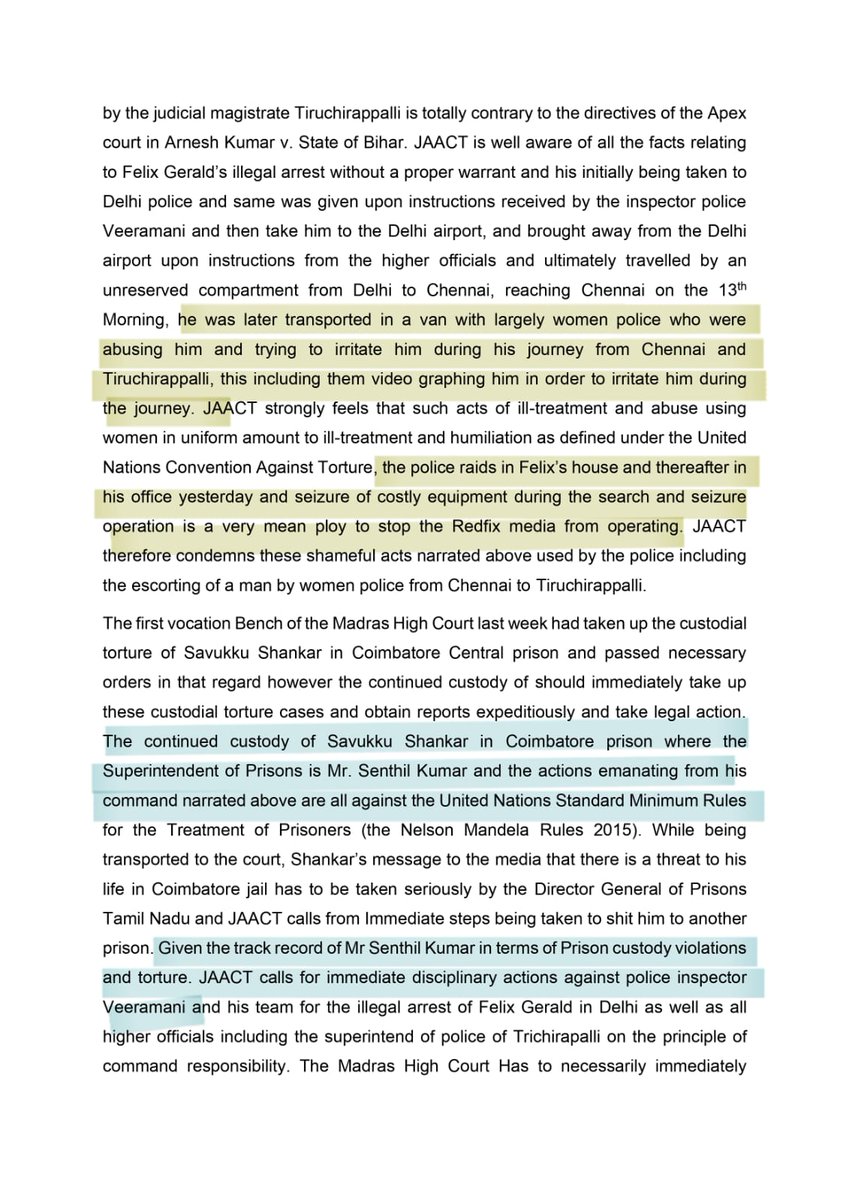 meenakandasamy's tweet image. English statement released by  @jaacttn on the custodial torture of #SavukkuShankar in Coimbatore prison and the wrongful remand of Red Pix #FelixGerald. It&apos;s very important to remember that no police force has &quot;freedom to commit torture&quot;, nor does any citizen &quot;deserve&quot; torture