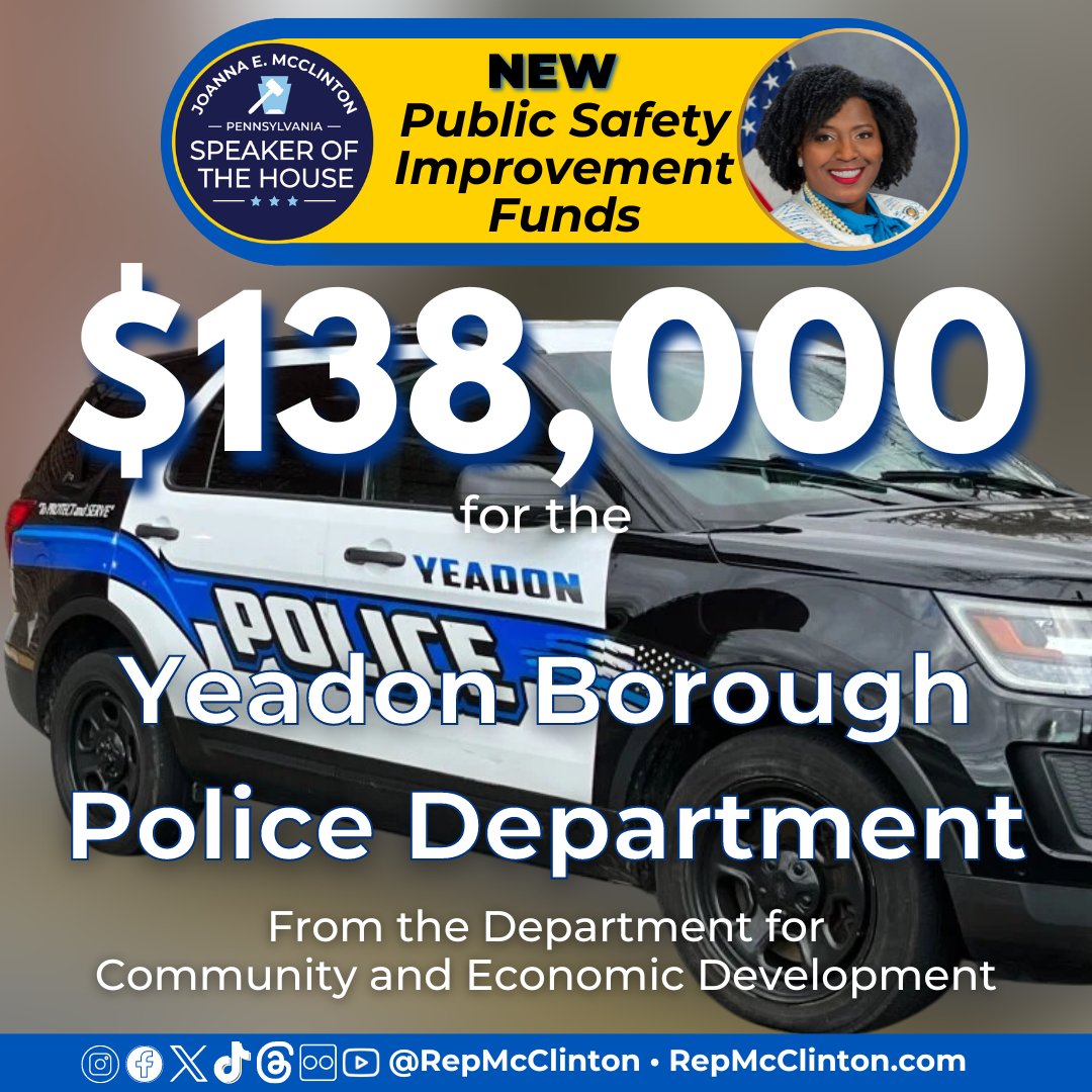Rep. Joanna McClinton (@repmcclinton) on Twitter photo It’s #NationalPoliceWeek & what better way to say thank you to our law enforcement members than investing in our officers! Congratulations to
<a href="/YeadonPolice/">Yeadon Borough Police Department</a> for receiving $138,000 to improve the police fleet, body camera system and continue to pursue police accreditation! It’s #NationalPoliceWeek & what better way to say thank you to our law enforcement members than investing in our officers! Congratulations to
<a href="/YeadonPolice/">Yeadon Borough Police Department</a> for receiving $138,000 to improve the police fleet, body camera system and continue to pursue police accreditation!