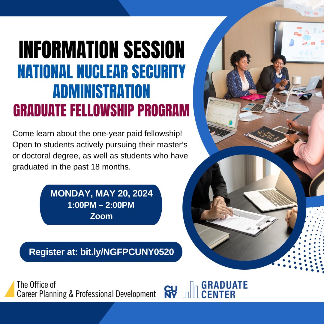 Monday, May 20 at 1pm: Join us for our information session on the National Nuclear Security Administration's Graduate Fellowship Program. Open to students pursuing their master's or doctorate, and students who graduated within the past 18 months. careerplan.commons.gc.cuny.edu/events/nationa…