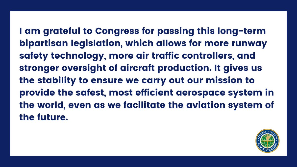 Congress passes long-term, bipartisan @FAANews reauthorization with overwhelming support.