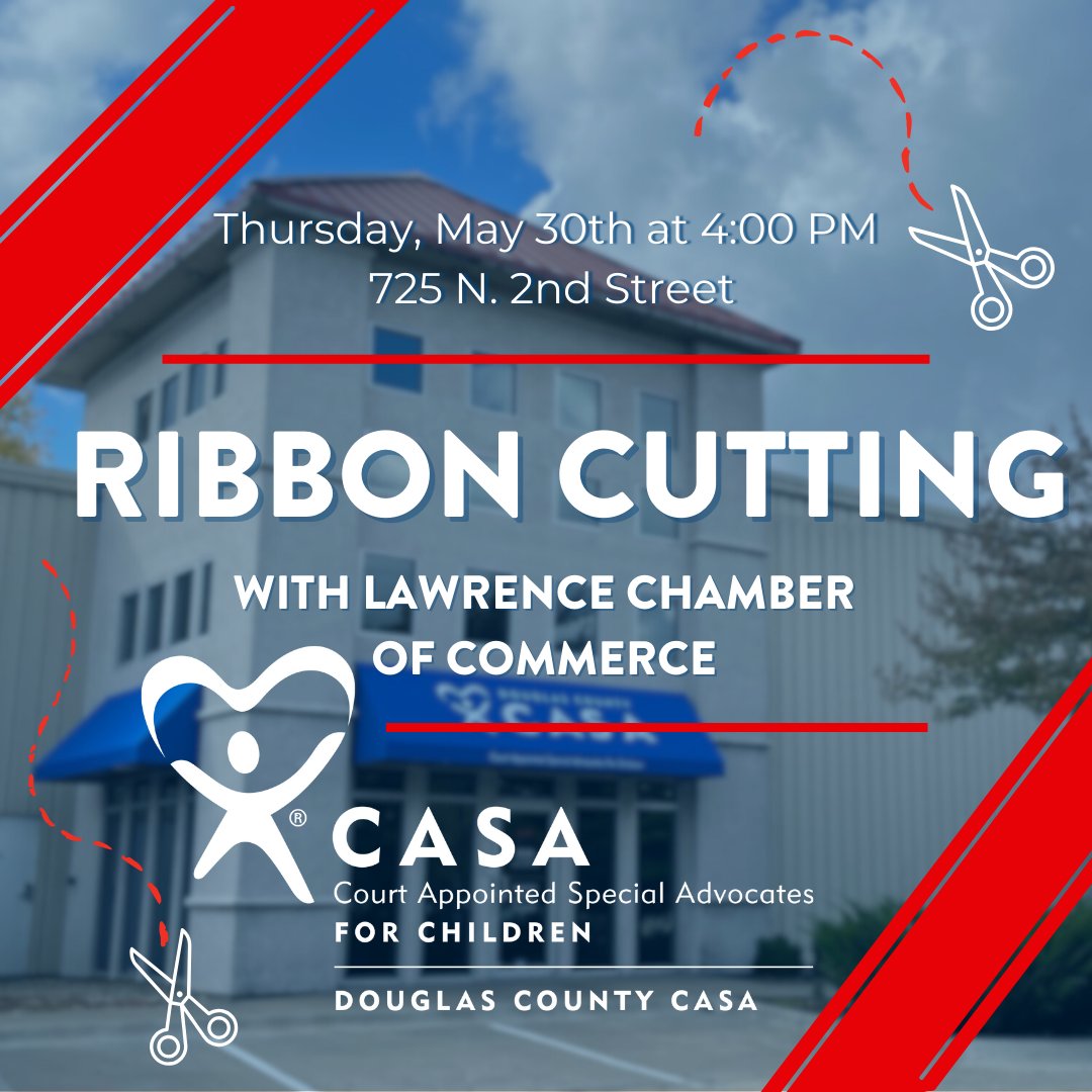 You’re invited to our ribbon-cutting with the Lawrence Chamber of Commerce! Join us Thursday, May 30th at 4:00 p.m. for the official opening of our headquarters at 725 N. 2nd Street, Suite M and help us usher in the next chapter of our child advocacy work.