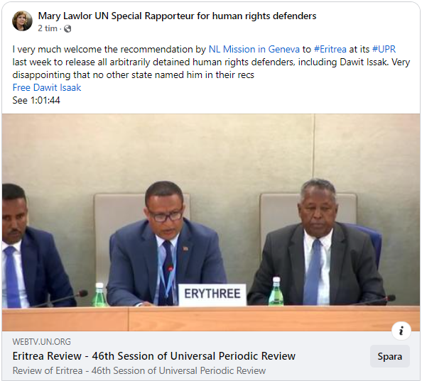 Free Dawit (@freedawit) on Twitter photo När Eritrea är uppe i UPR-processen i människorättsrådet i Genève är det alltså Nederländerna som nämner Dawit Isaak vid namn och kräver att han friges, och inte Sverige. Inte undra på att <a href="/MaryLawlorhrds/">Mary Lawlor UN Special Rapporteur HRDs</a> är upprörd.
facebook.com/MaryLawlorHRDs… När Eritrea är uppe i UPR-processen i människorättsrådet i Genève är det alltså Nederländerna som nämner Dawit Isaak vid namn och kräver att han friges, och inte Sverige. Inte undra på att <a href="/MaryLawlorhrds/">Mary Lawlor UN Special Rapporteur HRDs</a> är upprörd.
facebook.com/MaryLawlorHRDs…