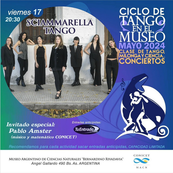 ¡Tango, matemática y dinosaurios! 
El próximo viernes tendré el honor de acompañar a
<a href="/LasSciammarella/">Sciammarella Tango</a> en el Museo Argentino de Ciencias Naturales.