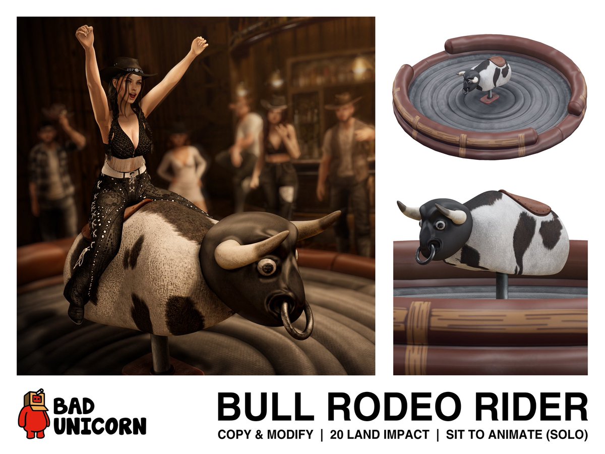 NEW! Bull Rodeo Rider at @kustom9_sl! 🐂🎟️

Enjoy a ride on our new mechanical bull, have a seat and test your limits with a ride! 💥✨

Only 499L!

📌: maps.secondlife.com/secondlife/kus…