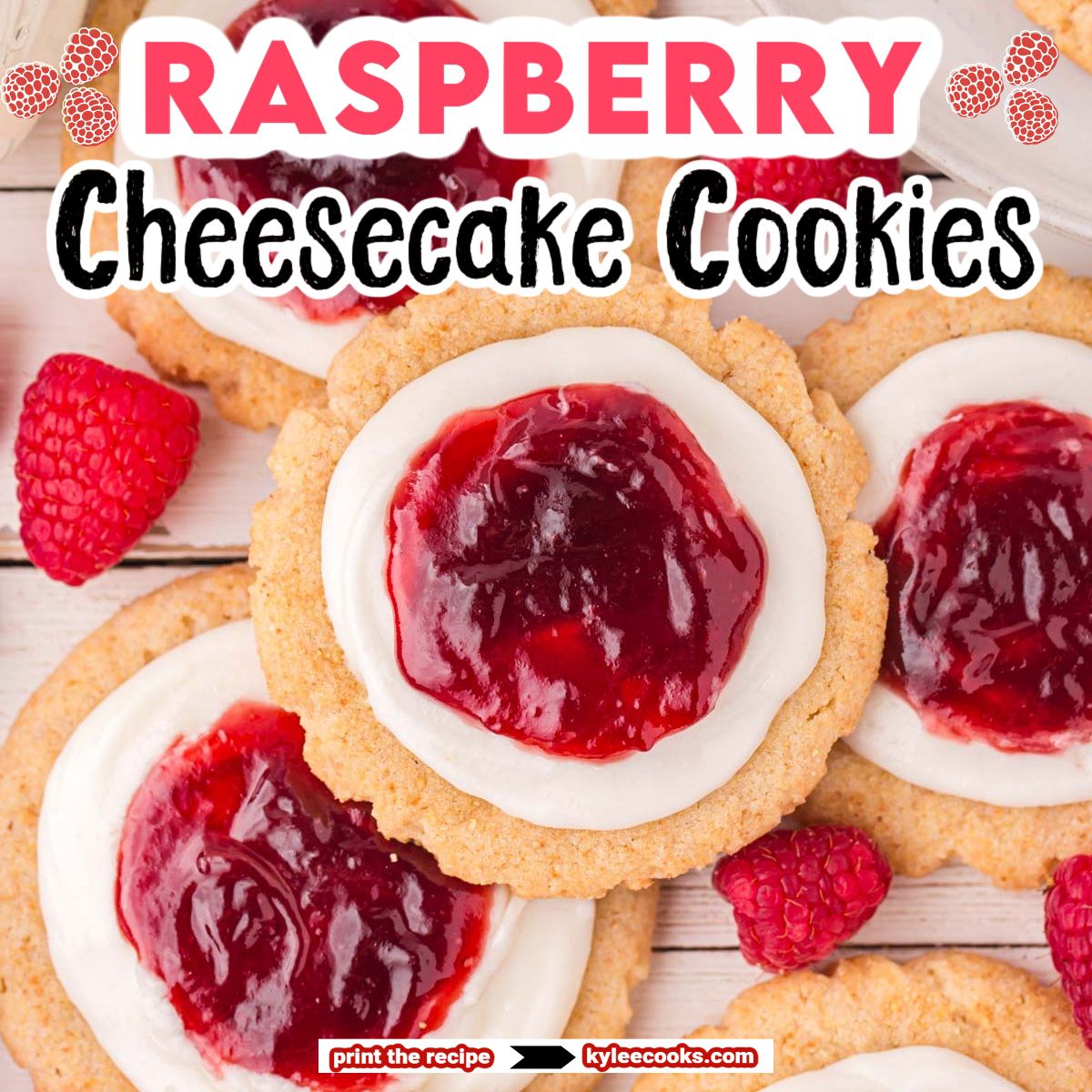 Enjoy the rich and delicious flavors of Raspberry Cheesecake Cookies! Featuring a graham-cracker-infused sugar cookie topped with  cheesecake frosting and a luscious raspberry sauce, these will be a favorite! #cookies #kyleecooks #raspberry #cheesecake kyleecooks.com/raspberry-chee…