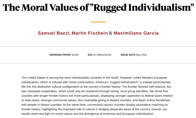 nberpubs's tweet photo. Among the most individualistic countries in the world, the US is uniquely particularistic in its moral values, a distinctive culture rooted in America's frontier history, from @SamuelBazzi, @MartinFiszbein, and Maximiliano Garcia https://t.co/esd2KuE25R https://t.co/1bxQUYpXGW