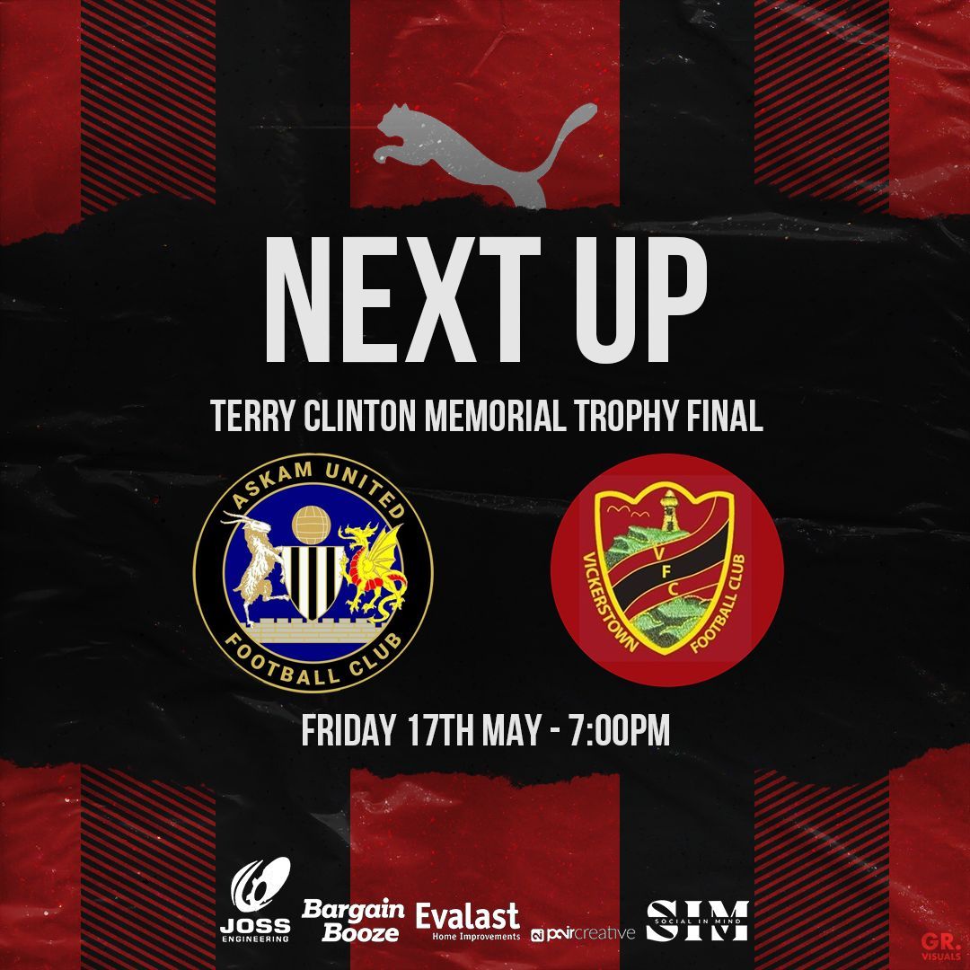 ⚫🔴 𝗡𝗘𝗫𝗧 𝗠𝗔𝗧𝗖𝗛 🔴⚫
📅 Friday 17th May

Terry Clinton Memorial Trophy Final

 <a href="/AskamUnitedFC/">Askam United FC</a> Reserves 🆚 <a href="/VickerstownFC/">Vickerstown Ladies</a> Firsts
⏰ 7:00pm
🏟 Railway Meadow, Sponsored by Joss Engineering